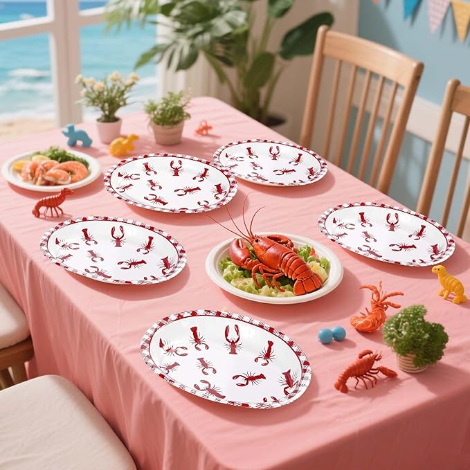 Grencian 50Pcs Crawfish Boil Oval Paper Plates 10" X 12" Disposable Red Grid Pattern Crawfish Party Plates Crawfish Tableware for Lobster BBQ Gathering Picnic Cookout Carnival Birthday Decorations