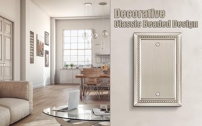 Henne Bery Sunken Pearls Heavy Duty Decorative Wall Plate Switch Plate Outlet Cover (Single Blank, 2 Pack, Satin Nickel)