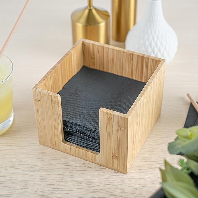 5.5 x 4 Inch Cocktail Napkin Holder, 1 Square Flat Napkin Holder - For Bars, Kitchen Tables, or Countertops, Sturdy, Natural Bamboo Tissue Napkin Holder, Dining Room Decor - Restaurantware