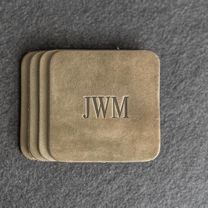 Ox & Pine Personalized Leather Coaster - Sold Individually or in Sets of 4 - Customize Inscription - 100% Full-Grain Leather – 4" Round or 4" Square (Square, Stone Natural, Set of 4 Coasters)