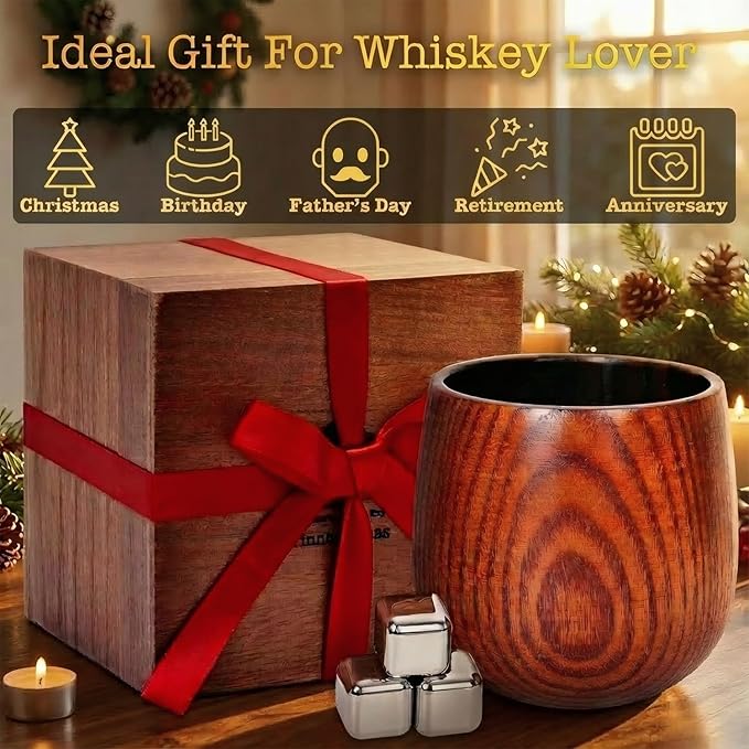 Charred Wooden Whiskey Glass Set – Durable Bourbon Glass for Men, Insulated Old Fashioned Glass – Whiskey Gifts for Husband, Dad, Brother – Birthday, Christmas, Father’s Day, Retirement