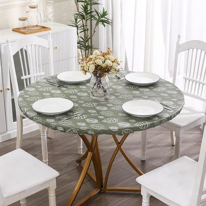 Walrus Round Vinyl Fitted Tablecloth with Flannel Backing Elastic Edge Design Table Cover Waterproof Oil-Proof PVC Table Cloth Stain-Resistant Best for 57"-66" Round