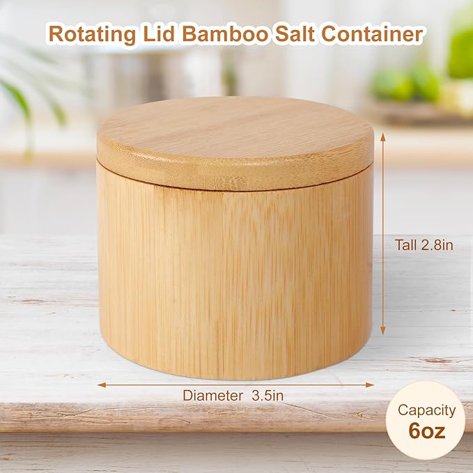Salt Holder with Lid, Bamboo Salt Container, Salt Cellar with 360° Swivel Lid for Countertop to Store Pepper Spice, Premium Solid Salt Box Holder on Your Kitchen, 6 Oz by Pniimoo