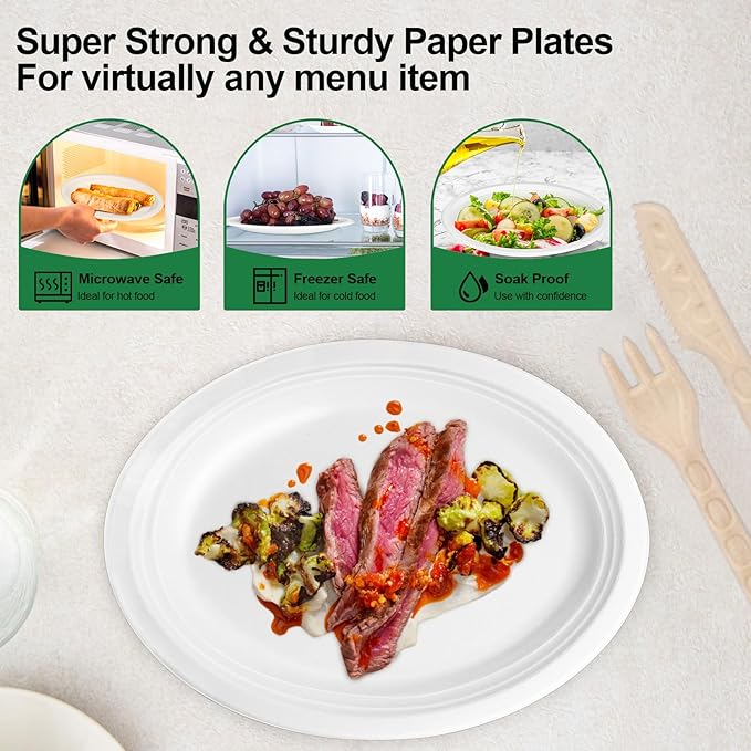 Large Paper Plates 12 Inch, 50 Pack Oval Plates Heavy Duty, Compostable Dinner Plates Eco Friendly Disposable Plates, White Paper Plate Sturdy Strong for Party BBQ Picnic