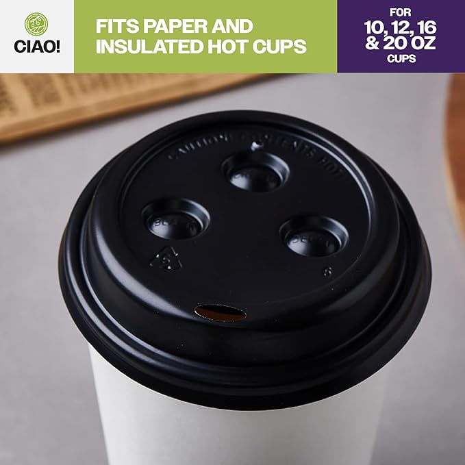 CIAO! 10-24 oz. (90mm) Coffee Cup Sipper Black Dome Lid, 1,000 Count