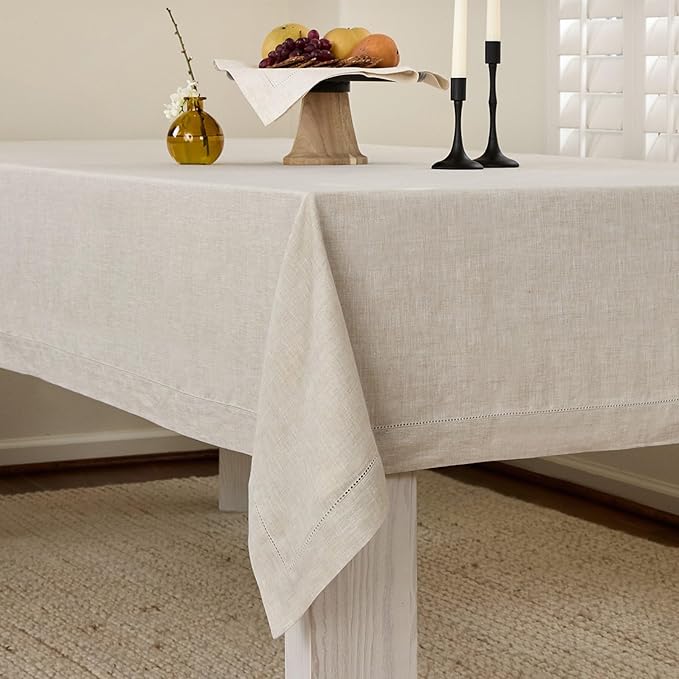 Solino Home Light Natural Linen Tablecloth 60 x 108 Inch - Classic Hemstitch, 100% Pure Linen Rectangular Tablecloth - Machine Washable Table Cloth for Spring, Easter