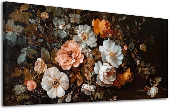 ADJUVANT Wall Art Vintage Floral Bouquet 40" L x 20" W, Old Fashioned Flowers Canvas Painting Romantic Artwork Classic Blooms Prints Botanic Wall Decor for Living Room Bedroom Dining Room Home Office