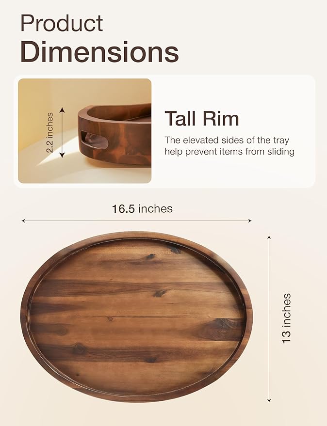 Acacia Oval Wooden Serving Tray with Handless - 16.5" x 13" Ottoman Table Oval Wooden Tray - Round Serving Tray - Ottoman Tray for Living Room, Coffee Table Decor, Serving Platter, Walnut color