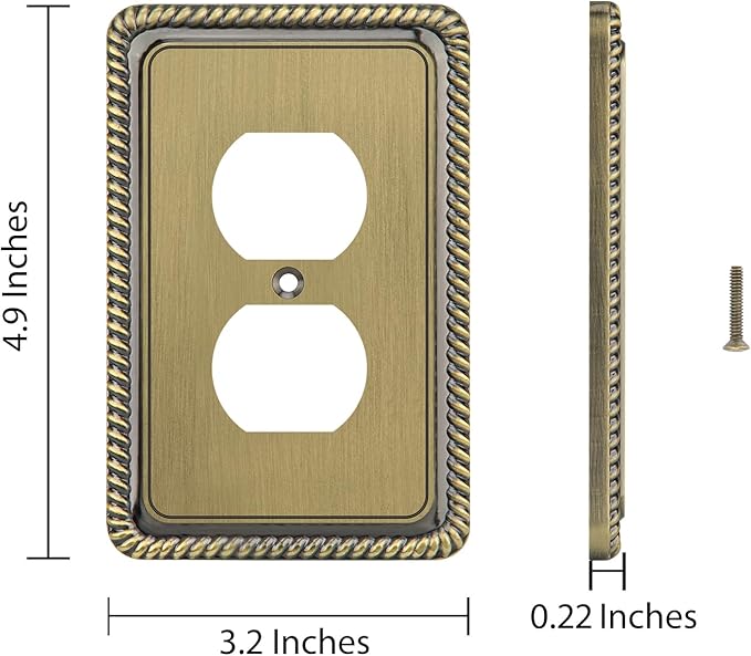 Henne Bery Rope Edge Decorative Wall Plate Switch Plate Outlet Cover (Single Duplex, 3 Pack, Antique Brass)