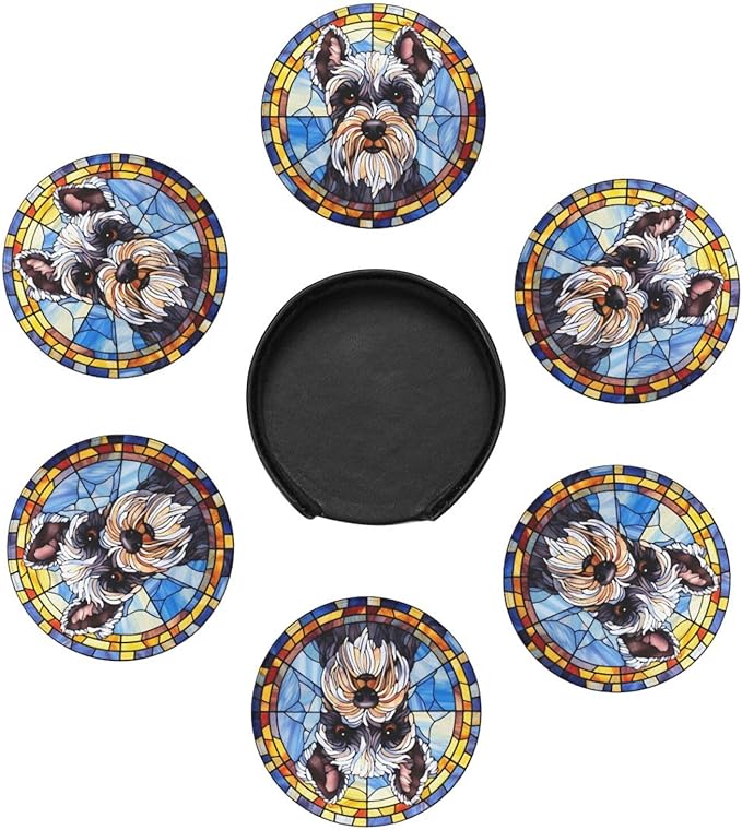 Drink Coaster Set of 6, Schnauzer Dog Mom Lover Gift,Leather Drink Coasters with Holder,6 Pack Cup/Bar/Drink Coasters for Table/Drinks/Coffee Protection Housewarming Gift