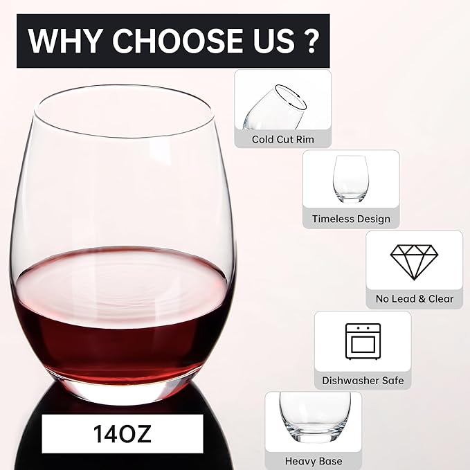 UMI UMIZILI Stemless Wine Glass Set of 12, 14OZ Wine GLass for White Red Wine, Classic Shape Wine Glass with Smooth Rim, Crystal Clear