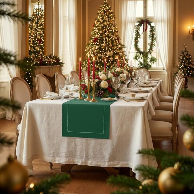D'Moksha Homes Linen Forest Green Table Runner 72 Inches Long - 100% Pure Linen Hemstitch Table Runner 14 x 72 Inch for Dresser, Dining, St Patricks Day, Easter - Classic Hemstitch