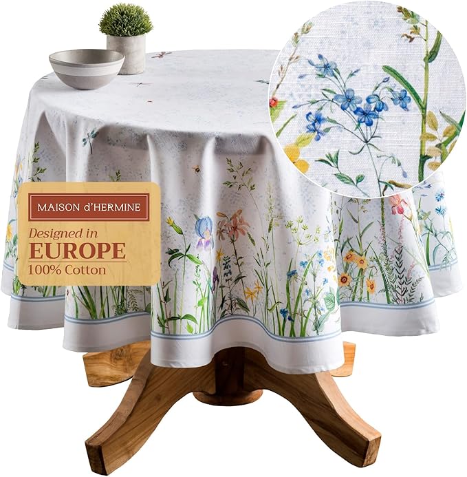 Maison d' Hermine Table Cloth Round Table 100% Cotton 69 Round Inches Tablecloth Reusable Decorative for Dining Room Farmhouse Home Valentines Day Decorations Spring Summer - Fleurs De Mai