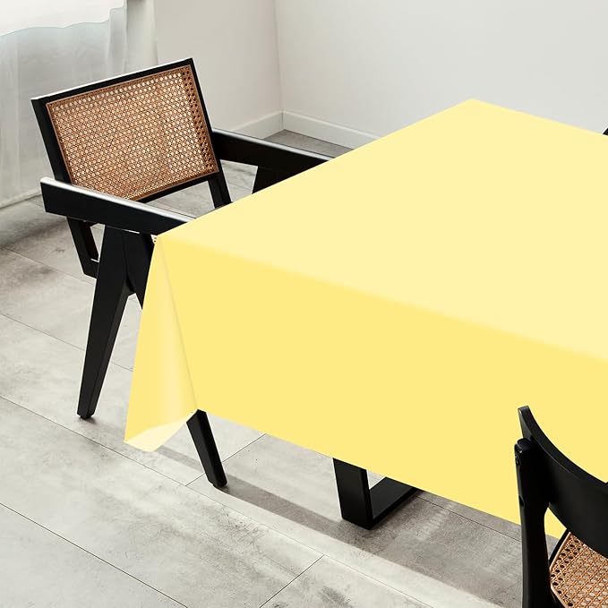 54 Inch X 200 Feet Plastic Table Cover Roll with Convenient Slide Cutter, Disposable Plastic Table Cloth Roll with Cut-to-Size Design for Weddings, Banquets, Parties (Light Yellow)