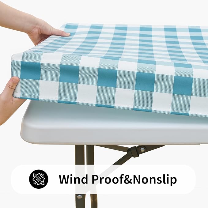 Smiry Rectangle Picnic Table Cloth, Elastic Waterproof Fitted Vinyl Tablecloths, Flannel Backed Buffalo Plaid Table Covers for Dining, Camping, Outdoor (White and Aqua, 30" x 96")