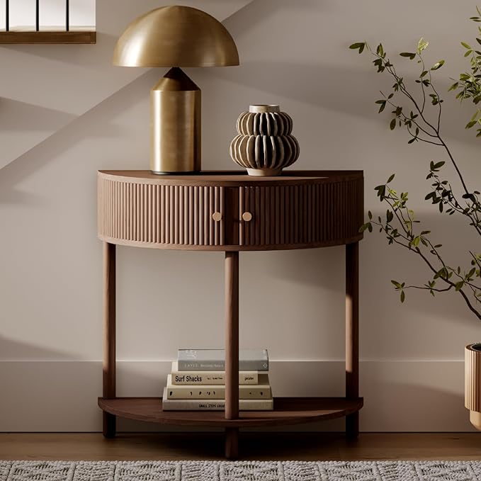 Fluted Half Moon Shaped Console Table - Small Entry Desk - Living Room Furniture - Modern Home Decor - Solid Wood Entryway Table with Two Doors and Brass Knobs (Walnut)