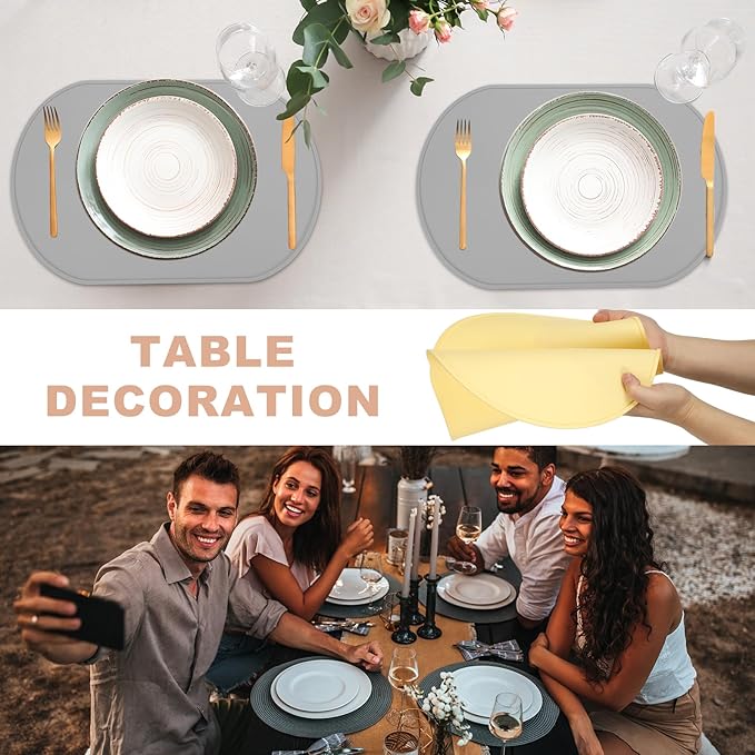 uxcell 2 Pcs Oval Silicone Placemat, 15.4" x 10.4" Non-Slip Washable Table Placemats Heat Resistant Waterproof Mat with High Edge for Table Kitchen Desk Protection, Yellow