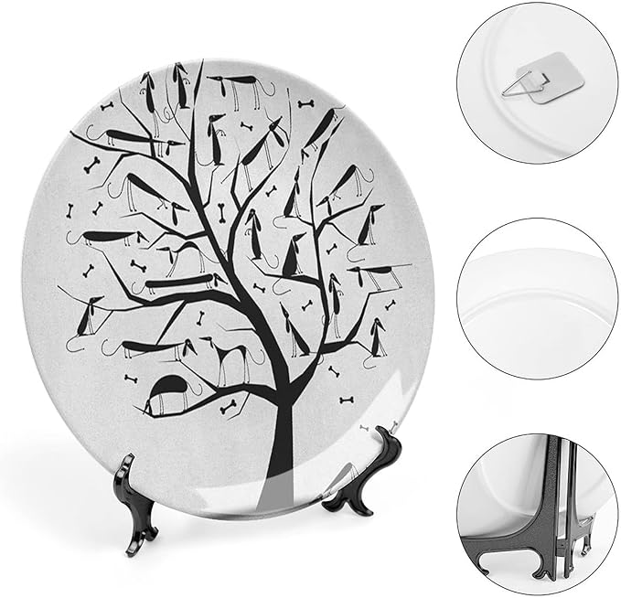 Decorative Plates, Abstract Print Ornament, Monochrome Autumn Season Tree with Dog on The Branches, 6 Inch, Kitchen Wall Decor, Black and White