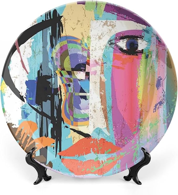 Ceramic Display Plate, Abstract Ceramic Hanging Decorative Plate, Woman Face Art Paint Strokes and Splashes Eye Red Lips Grungy, 7 Inch, Living Room Kitchen Decoration Household, Multicolor