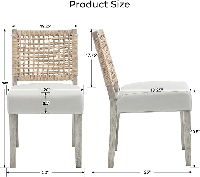 Farmhouse Dining Chairs Set of 4 Linen Fabric Upholstered Accent Side Chair, Mid Century Modern Kitchen & Dining Room Chairs with Woven Rope Back for Home, Living Room, Bedroom - White