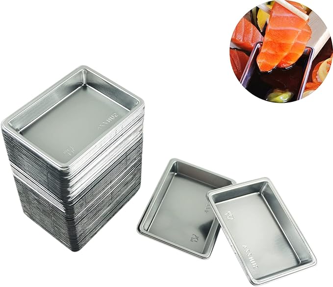 100 pcs Mini 2.95"x2.16" Dipping Sauce Dishes, Plastic Disposable Rectangular Silver Soy Sauce Plate Set, Condiment Serving tray, Seasoning Platter, Appetizer Bowel -for Sushi Mustard Vinegar Soy BBQ