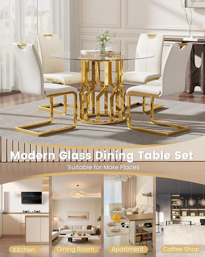38.9" Round Glass Dining Table Set for 4, Modern 5 Piece Kitchen Table Set with Gold Stainless Steel Base & 4 PU Leather Accent Chairs, Saving Space, Dining Set for Apartment, Home - White Chair