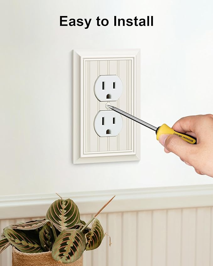 2-Pack Classic Beadboard Duplex Outlet Cover Plate, Decorative Light Almond Switch Plates and Outlet Covers, Natural Bamboo Fiber Wall Plates for Electrical Outlets, 1 Gang Receptacle Cover