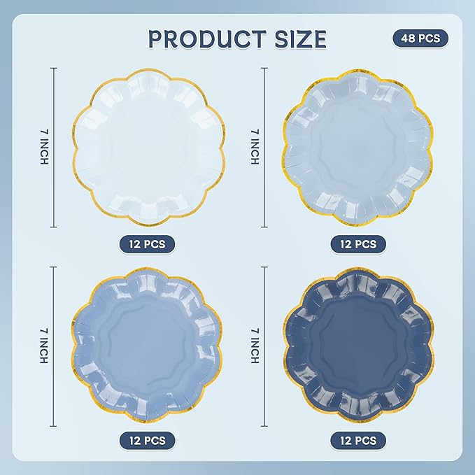 Dusty Blue Party Plates Gradient Blue Dessert Paper Plates 7inch Gold Foil Scalloped Edge Disposable Cake Plates for Tea Party Birthday Bridal Baby Shower Wedding Party Supplies (48)
