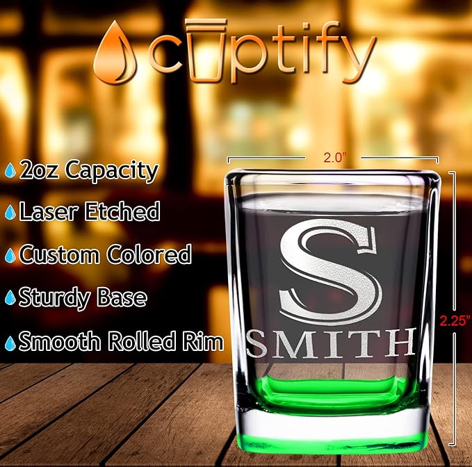 Personalized Square Shot Glasses Set of 8 Green Bottom 2oz Engraved Initial and Name Custom Gifts, Weddings, Birthdays, Party, Event, Decorations