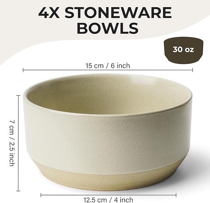 MIAMIO – Bowl Set of 4 / Ceramic Bowl Set (30 oz) for Pasta, Ramen, Cereal, Salad – Dishwasher and Microwave Safe – Sierra Collection (Light, Bowls (4x))