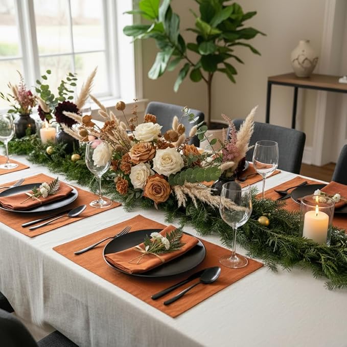 D'Moksha Homes Linen Rust Placemats Set of 4-100% Pure Linen Placemats 14 x 19 Inch for Spring, Easter - Handcrafted and Machine Washable