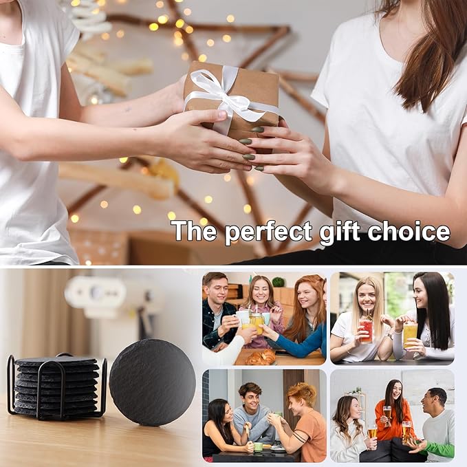 Slate Coasters Set of 60,4-Inch Black Round Stone Drink Coasters with Scratch-Resistant Backing, Durable Tabletop Protection for Home Office Kitchen, Ideal Housewarming Wedding Gifts