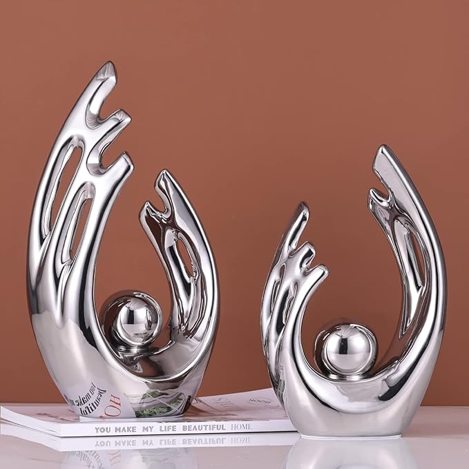 LCCCK 9.5" H Silver Aesthetic Room Decor Accent, TV Stand Funky Table Centerpiece, Abstract Art Ceramic Statue and Sculpture, Silver Decor for Living Room, Bookshelf Decorative Objects, Shelf