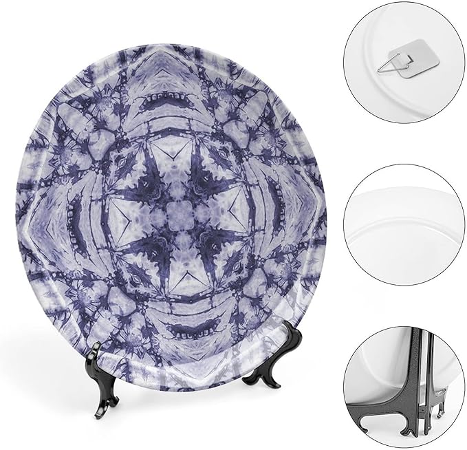 Ceramic Plates, Abstract Decorative Ceramic Plates, Modern Art Generated Resisting Twisting Fractal, 10 Inch, Household Plates Decorative, Lavender Blue Indigo