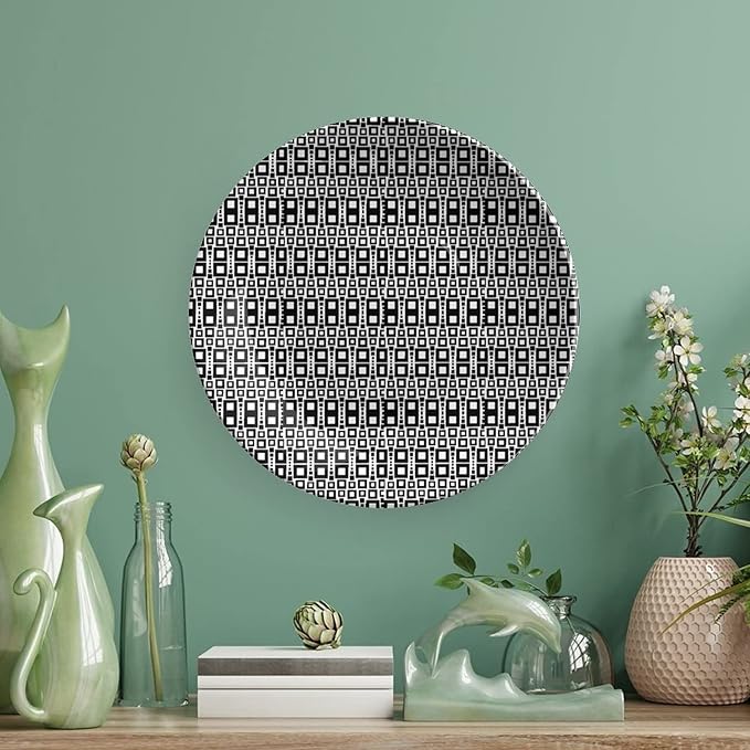 Ceramic Display Plate, Abstract Ceramic Hanging Decorative Plate, Monochrome Squares of Motif Grid Design Geometric, 6 Inch, Household Custom Ceramic Plate, Black White