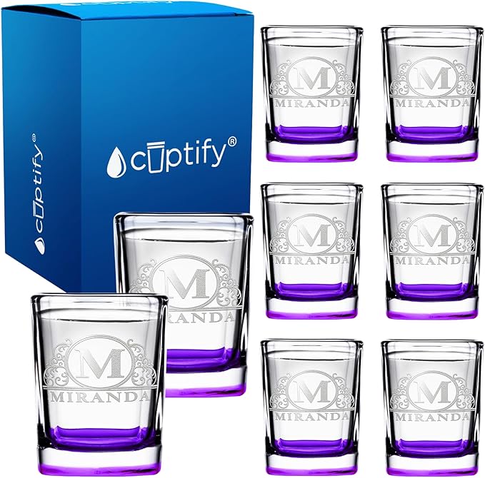 Personalized Square Shot Glasses Set of 8 Purple Bottom 2oz Engraved Initial and Name Custom Gifts, Weddings, Birthdays, Party, Event, Decorations