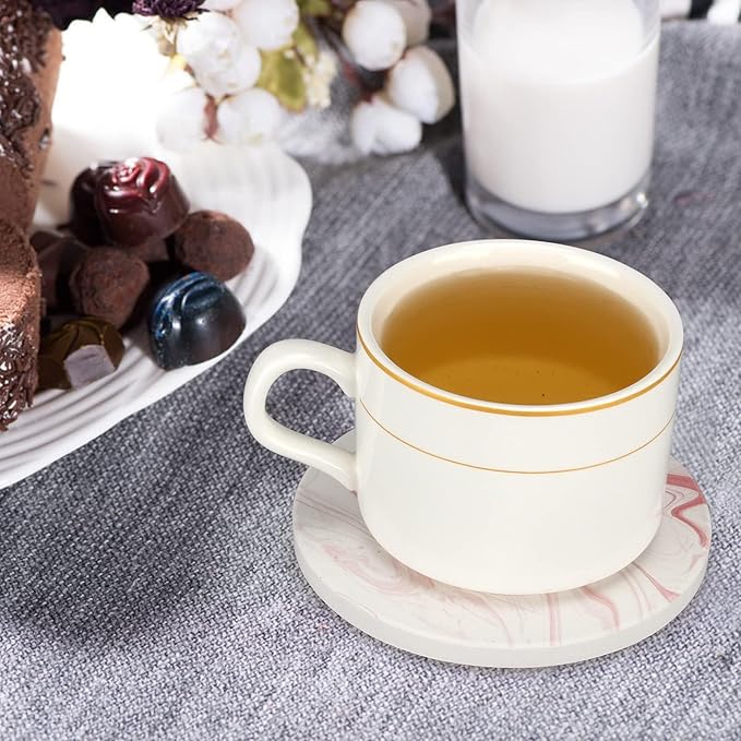 Cute Pink Marble Coasters Set of 6 Pack Stone Coffee Table Decor Absorbent Ceramic Cup Coaster with Holder Decorative Tea Bar Accessories Gift Kitchen Desk Coster Drink Modern Funny Aesthetic Coasters