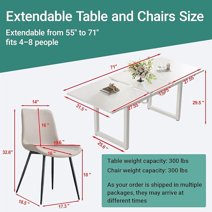 Extendable Dining Table Set for 6, 55"–71" Modern White Kitchen Table with 6 Upholstered Chairs, Space-Saving for Living Room Apartment, Sturdy & Comfortable, Easy Assembly