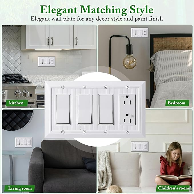 Beadboard Outlet Covers Wall Plates, Bamboo Fiber Light Switch Covers, Natural Material Electric Receptacle Decorative Switch Plate Outlet Cover (Pure White, 4 Gang Decorator 1 Pack)