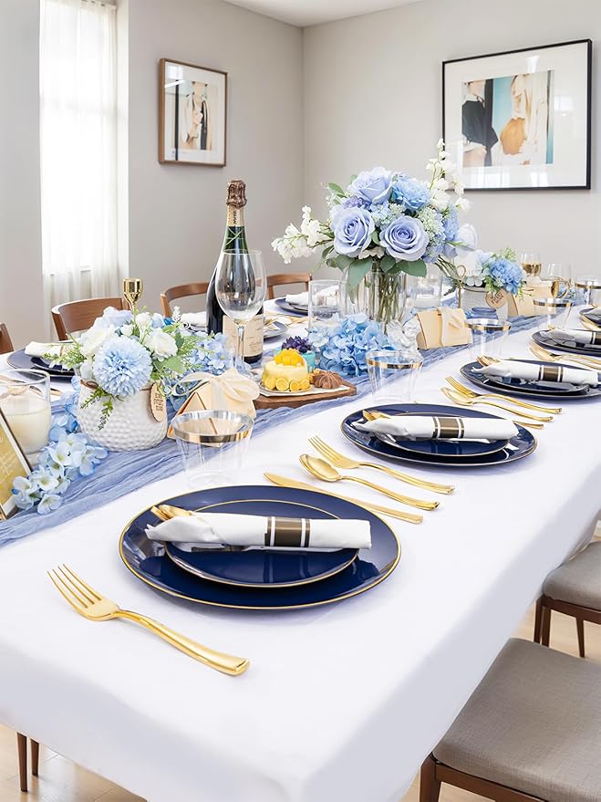 WDF 300PCS Navy Blue Plates Disposable - Blue Plastic Plates 50guest Heavy Duty Plastic Dinnerware Sets for Party/Wedding/Birthday