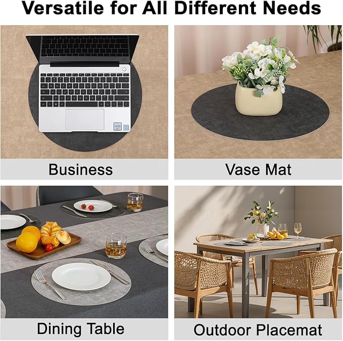 Myir JUN Reversible Vinyl Round Placemats Set of 6, Faux Leather Place Mats Dual Sided Waterproof Oilproof Wipeable, Heat-Resistant Table Mats for Kitchen Dining Indoor Outdoor (14", Light Gray Gray)