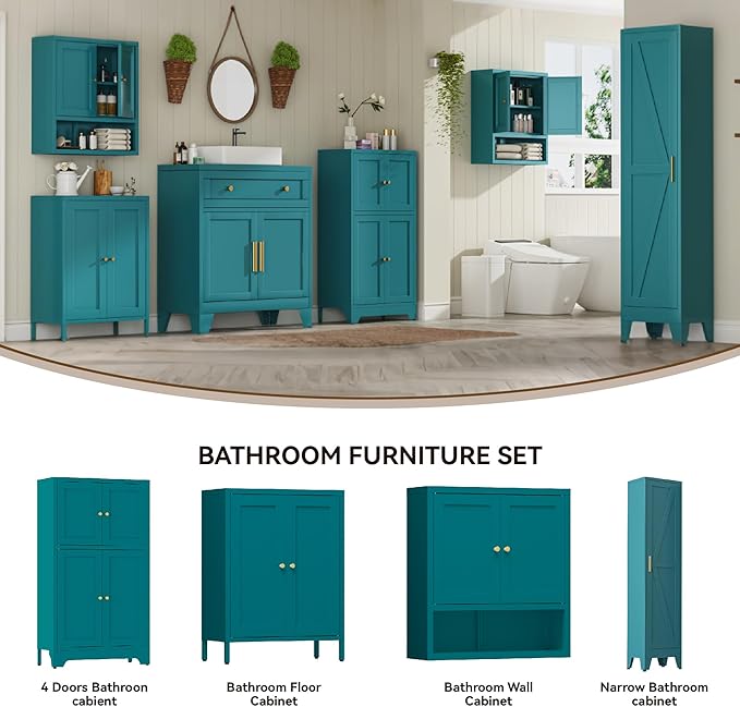 Narrow Metal Cabinet with 4 Adjustable Shelves and Barn Doors,Tall Bathroom Storage Cabinet, Metal Pantry Organizer for Kitchen,Home Office, Dining Room,Blue