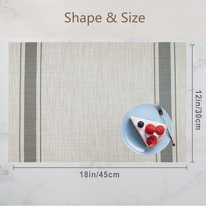 DACHUI Placemats Set of 6, Soft & Elegant Woven Vinyl Place Mats, Water Resistant, Heat Resistant, Washable, Durable Table Mats (Grey Stripes)