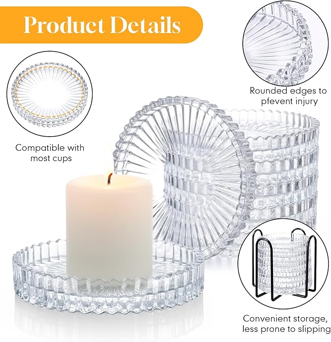 Remerry 6 Pcs Clear Crystal Coaster Set with Holder Glass Coasters for Drinks 4 Inch Drinks Crystal Round Cup Coasters Coffee Table Decor for Office Kitchen Bar Restaurant Patio (Transparent)