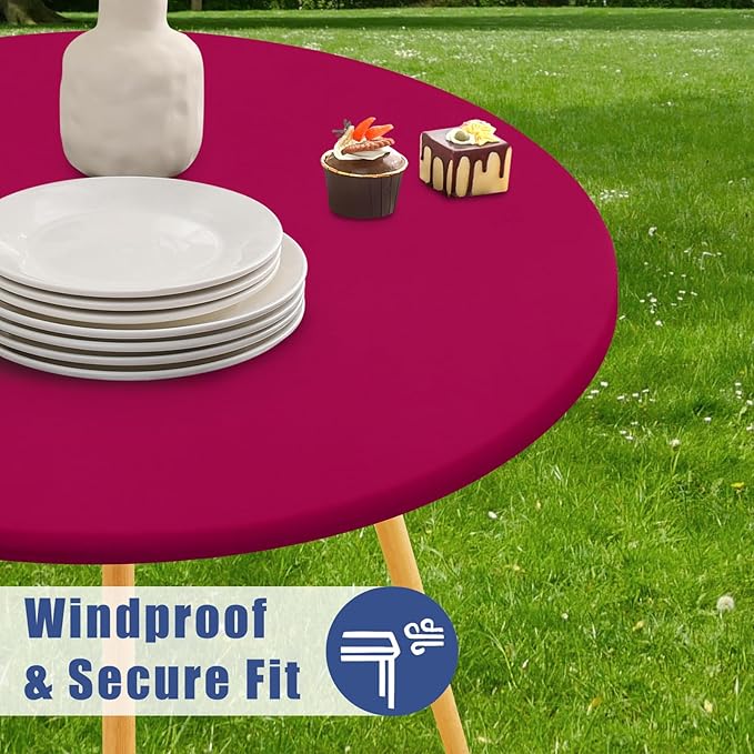 Round Spandex Tablecloth 2 Pack, Elastic Fitted Waterproof Tablecloths for 57"-68" Tables, Stretch Washable Picnic Table Cover for Camping, Dining, Indoor and Outdoor, Fuchsia