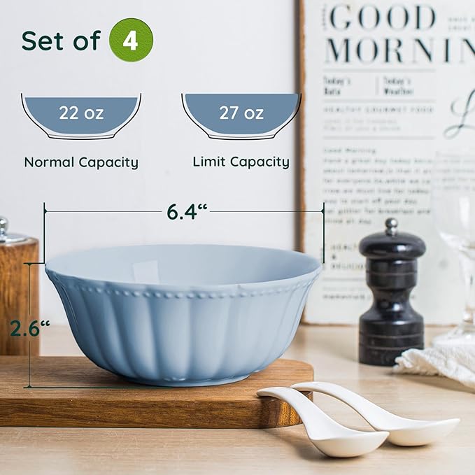 HOMBENE Ceramic Soup Serving Bowls for Kitchen, 6.4 Inch, Set of 4, Cereal Bowl Porcelain, Oven & Microwave Safe, Blue