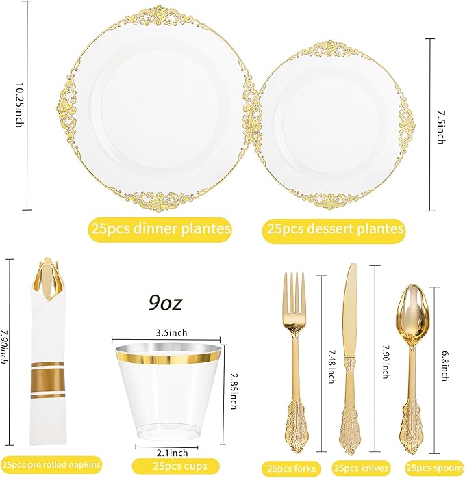Hioasis 175pcs Clear and Gold Plastic Plates - Elegant Disposable Dinnerware Set Suitable for 25 Guests Include 10.25" Dinner & 7.5" Dessert Plates, Pre Rolled Silverware Set, Cups for Party & Wedding