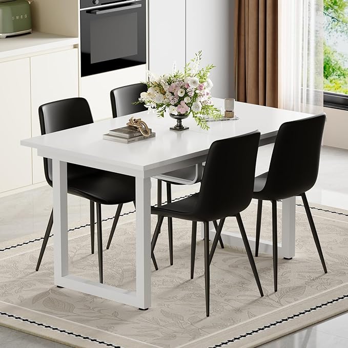 Extendable Dining Table Set for 4, 55"–71" Modern White Kitchen Table with 4 Upholstered Chairs, Space-Saving for Living Room Apartment, Sturdy & Comfortable, Easy Assembly