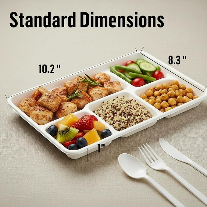 5 Compartment Compostable Heavy Duty Disposable Paper Plates, 300 Count | 10.3" X 8.3" | Natural Bagasse, White Biodegradable Eco-Friendly School Lunch, Buffet, Party Sugarcane Tray