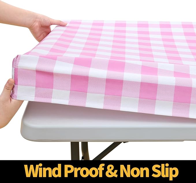 Smiry Rectangle Picnic Table Cloth, Elastic Waterproof Fitted Vinyl Tablecloths, Flannel Backed Buffalo Plaid Table Covers for Dining, Camping, Valentines(White and Pink, 30" x 96")